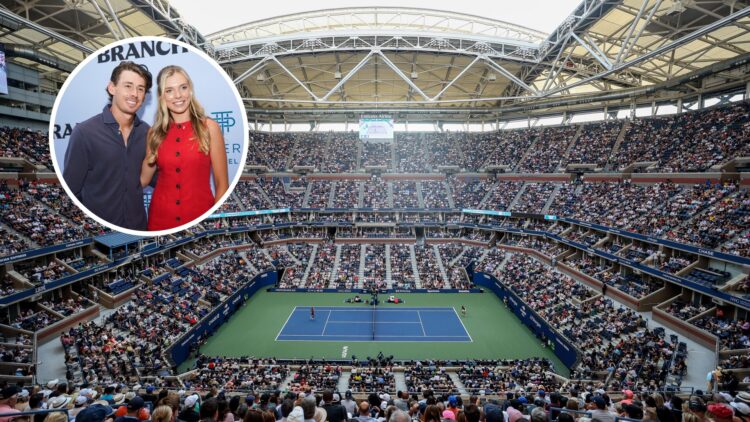 Main: An overhead shot of the US Open's Arthur Ashe Stadium in 2021. Inset: Katie Boulter and Alex de Minaur attend a panel at the Park Terrace Hot...