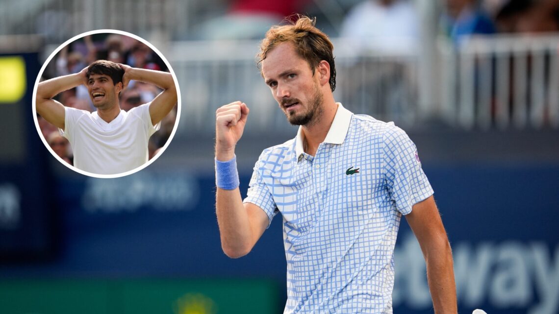 Main: Daniil Medvedev fist pumps in celebration. Inset top left: Carlos Alcaraz puts his hands behind his head while smiling.