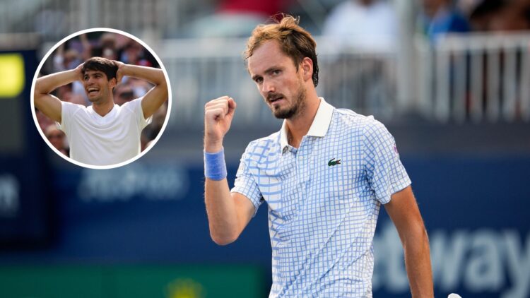 Main: Daniil Medvedev fist pumps in celebration. Inset top left: Carlos Alcaraz puts his hands behind his head while smiling.