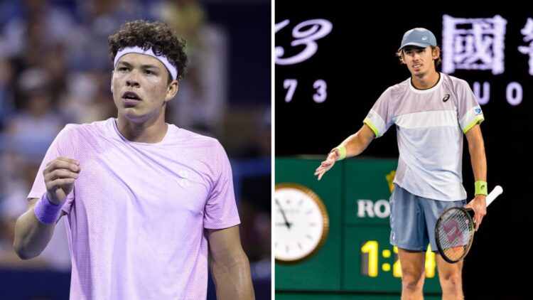 Main left: Ben Shelton looks on in frustration. Main right: Alex de Minaur looks on in frustration.