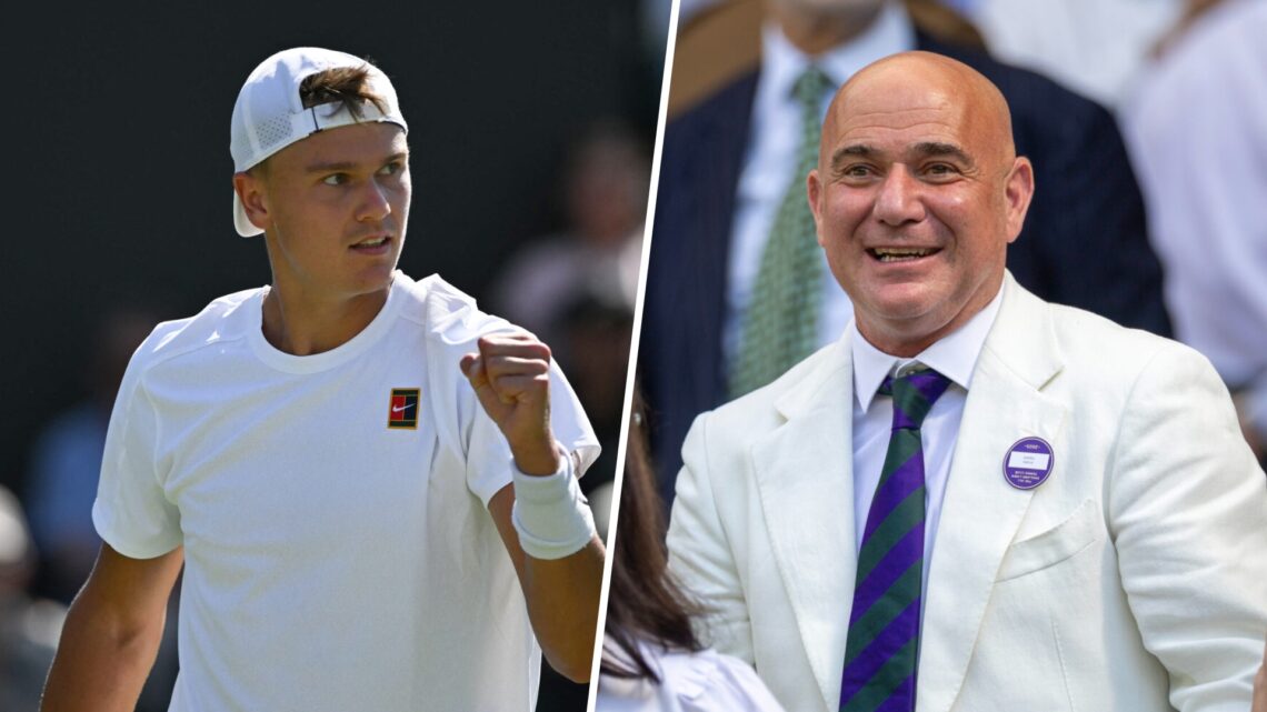 Holger Rune (left) pumps his fist and Andre Agassi (right) smiles