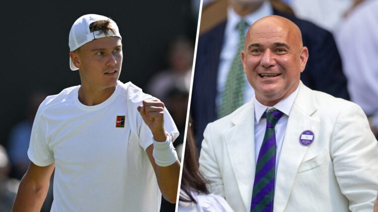 Holger Rune (left) pumps his fist and Andre Agassi (right) smiles