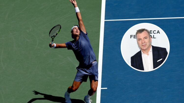 Main: Holger Rune prepares to hit a serve. Inset right: Jon Wertheim looks on.