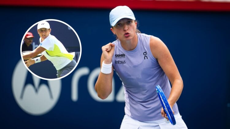 Main: Iga Swiatek fist pumps in celebration. Inset left: Monica Seles stretches to reach a shot.