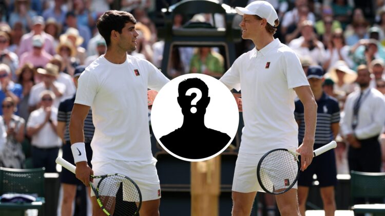 Carlos Alcaraz (left) and Jannik Sinner (right) meet at the net, mystery player (middle) in a circle overlay