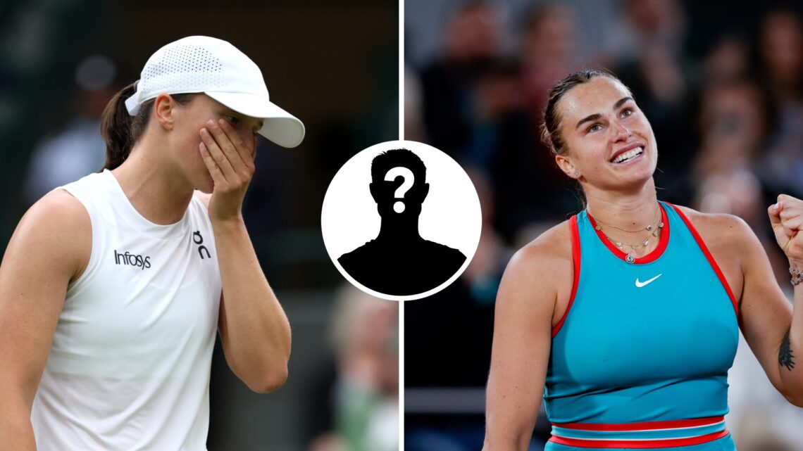 Main left: Iga Swiatek cups her hand over her mouth looking dejected. Main right: Aryna Sabalenka fist pumps in celebration.