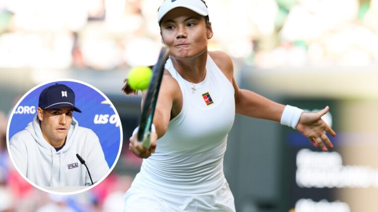 John Isner at a press conference/Emma Raducanu plays a backhand at Wimbledon