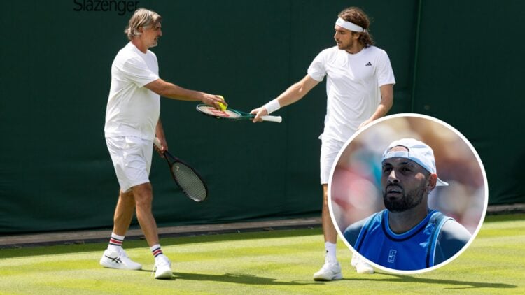 Goran Ivanisevic and Stefanos Tsitsipas exchange tennis balls (middle), Nick Kyrgios (right) in a circle overlay
