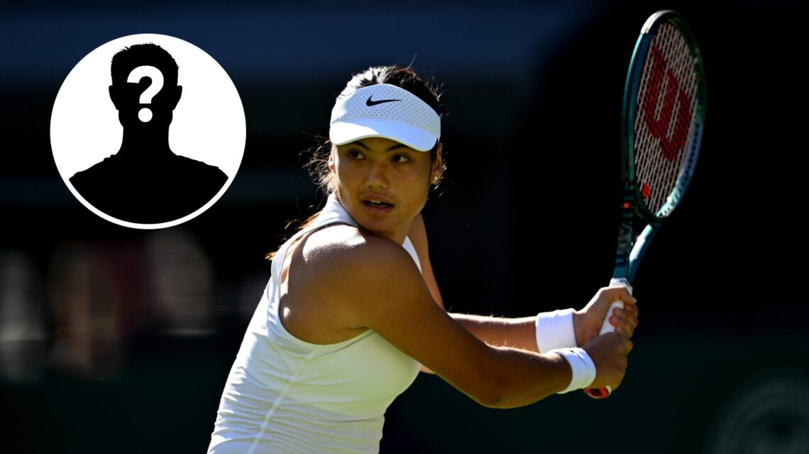 Main: Emma Raducanu preparing to hit a backhand shot. Inset left top: Mystery overlay.