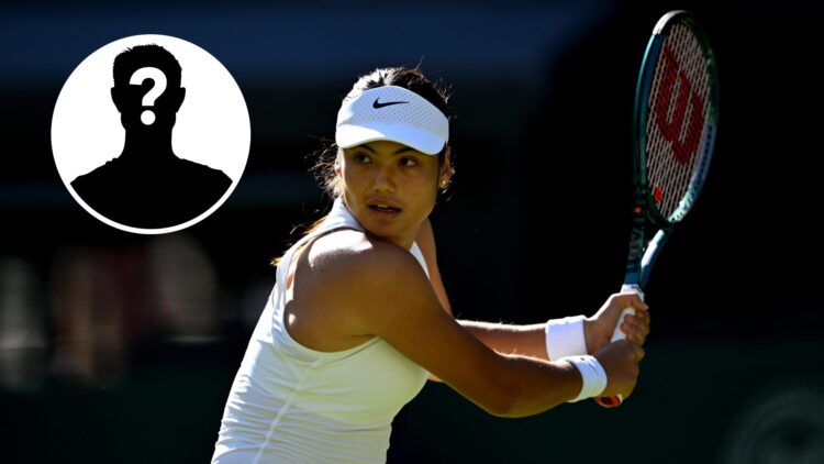 Main: Emma Raducanu preparing to hit a backhand shot. Inset left top: Mystery overlay.