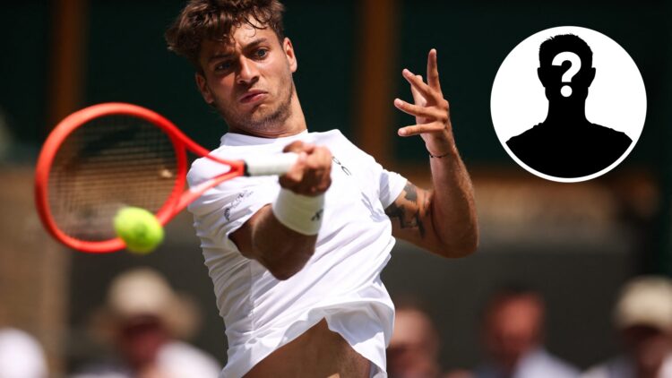Main: Flavio Cobolli hits a forehand. Inset right top: mystery overlay
