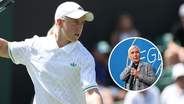 Sonay Kartal (left) serves and Martina Navratilova (right) in a circle overlay talks into a microphone