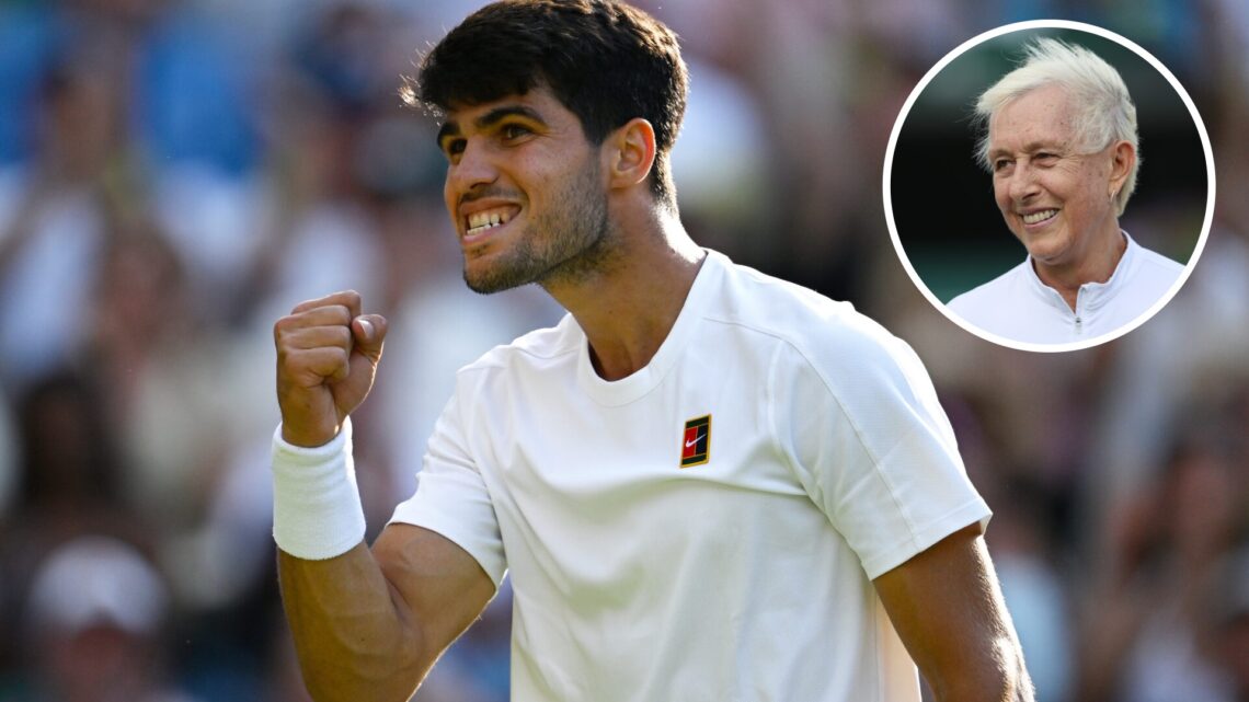 Main: Carlos Alcaraz fist pumps in celebration. Inset right top: Martina Navratilova smiling.
