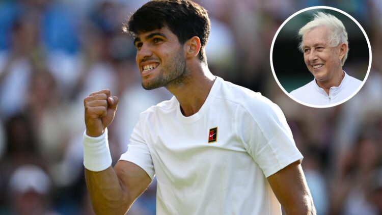 Main: Carlos Alcaraz fist pumps in celebration. Inset right top: Martina Navratilova smiling.