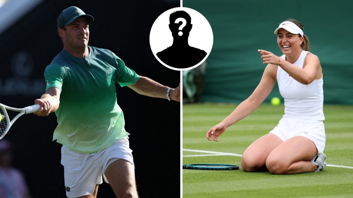 Main left: Tommy Paul hits a forehand. Main right: Paula Badosa pointing and laughing while on her knees. Inset middle top: Mystery Overlay