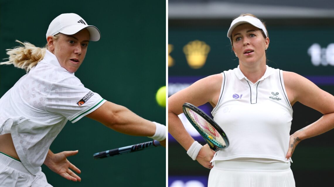 Main left: Sonay Kartal stretches for a ball. Main right: Anastasia Pavlyuchenkova looks on.