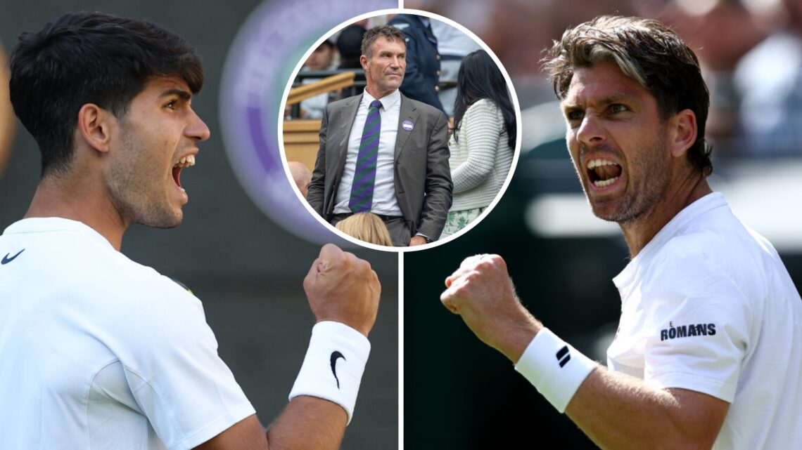 Carlos Alcaraz (left) pumps his fist, Pat Cash (middle) in a circle overlay, Cam Norrie (right) pumps his fist