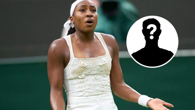 Coco Gauff (left) shrugs her shoulders and a mystery player (right) in a circle overlay