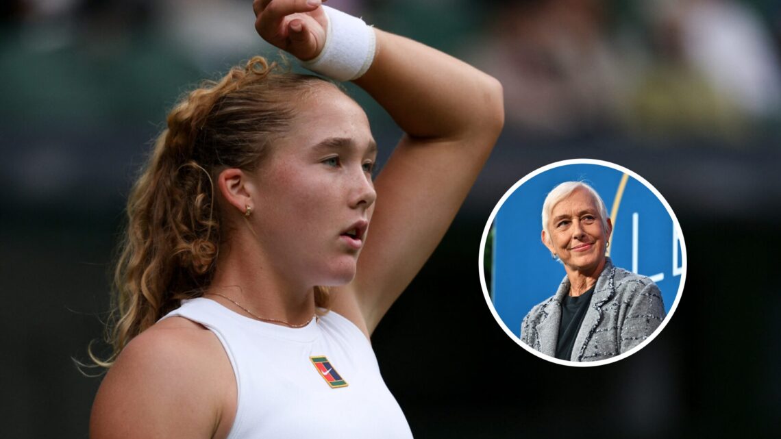 Mirra Andreeva (left) wipes her forehead and Martina Navratilova (right) in a circle overlay