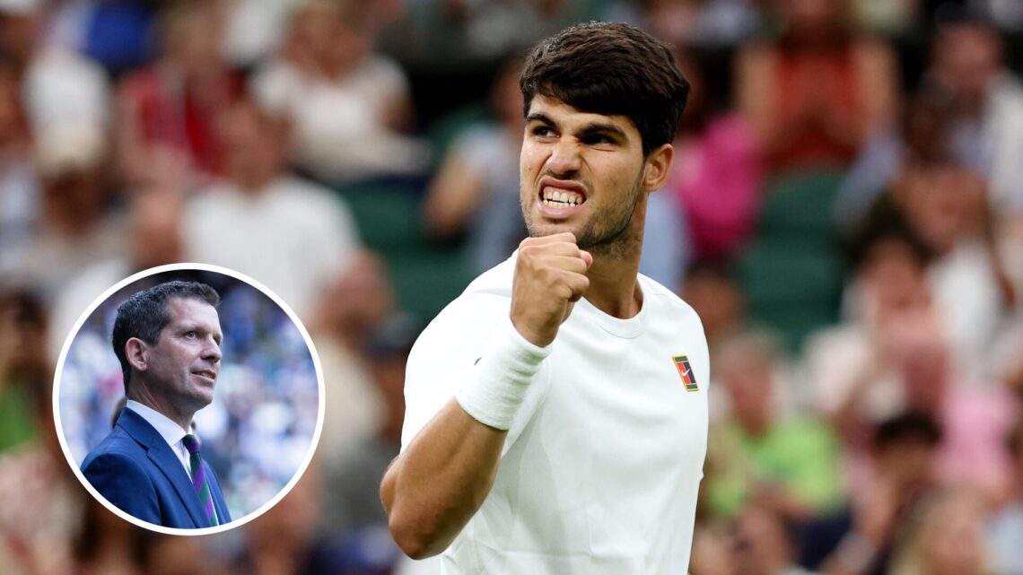 Main: Carlos Alcaraz fist pumps in celebration. Inset left bottom: Tim Henman looking on.