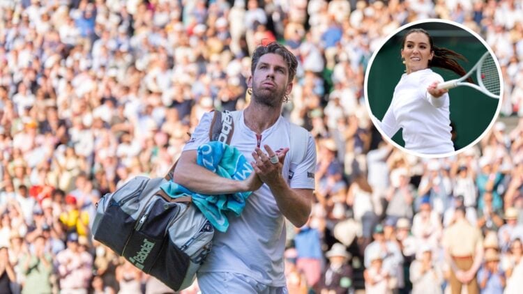 Main: Cameron Norrie claps the Wimbledon crowd. Inset right top: Laura Robson hits a forehand.
