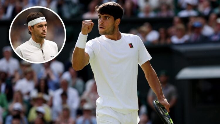 Main: Carlos Alcaraz fist pumps in celebration. Inset left top: Taylor Fritz looks on.