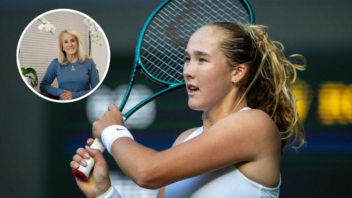 Main: Mirra Andreeva after hitting a backhand. Inset top right: Tracy Austin sitting and smiling.