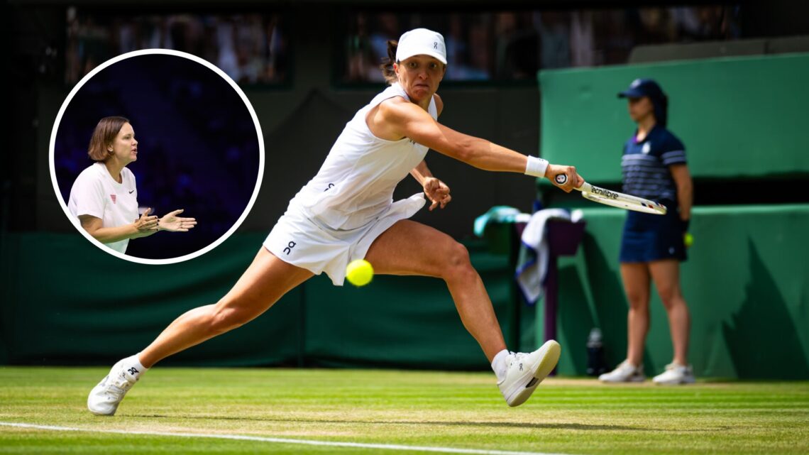 Lindsay Davenport (left) in a circle overlay applauds and Iga Swiatek (middle) stretches to hit a backhand