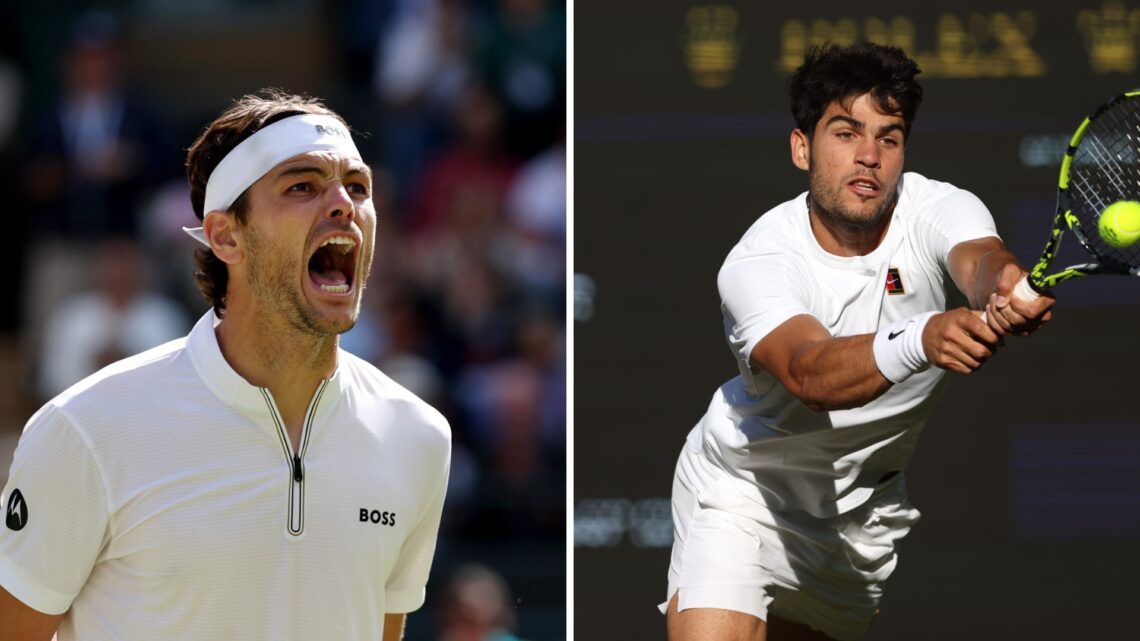 Main left: Taylor Fritz screaming in celebration. Main right: Carlos Alcaraz hits a backhand.