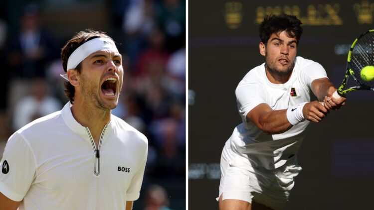 Main left: Taylor Fritz screaming in celebration. Main right: Carlos Alcaraz hits a backhand.
