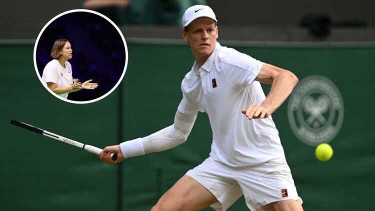 Main: Jannik Sinner prepares to hit a forehand at Wimbledon. Inset left top: Lindsay Davenport clapping.
