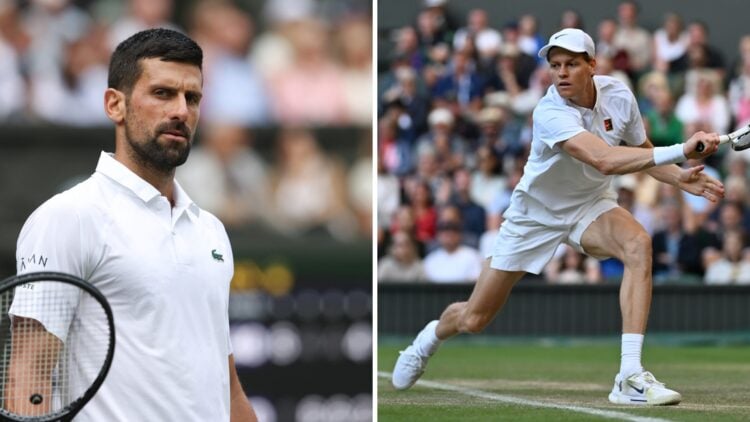 Main left: Novak Djokovic looking on during a match at Wimbledon. Main right: Jannik Sinner prepares to hit a slice backhand at Wimbledon.