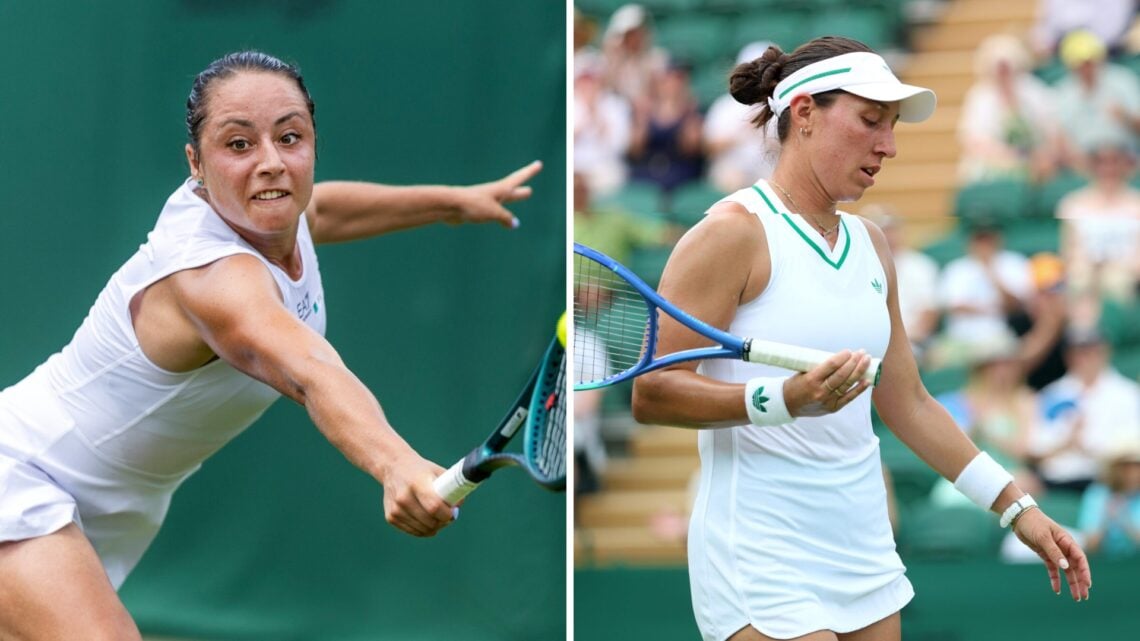 Left: Elisabetta Cocciaretto stretches for a shot. Right: Jessica Pegula looking dejected.