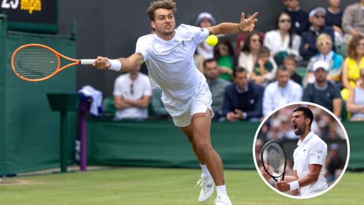 Main: Flavio Cobolli stretches for a forehand at Wimbledon. Inset bottom right: Novak Djokovic roars in celebration at Wimbledon.