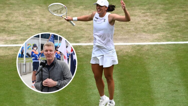 Jim Courier (left) in a circle overlay and Iga Swiatek (middle) jumps in celebration