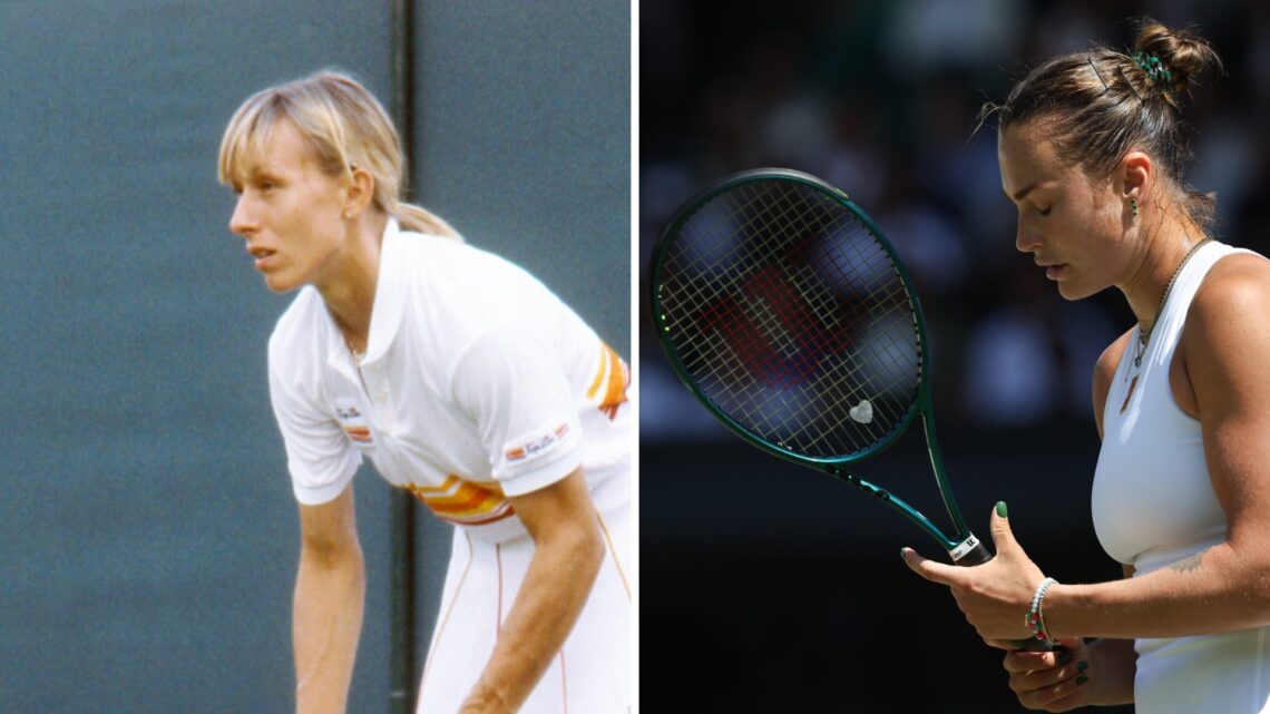 Martina Navratilova (left) crouches over and Aryna Sabalenka (right) looks downbeat