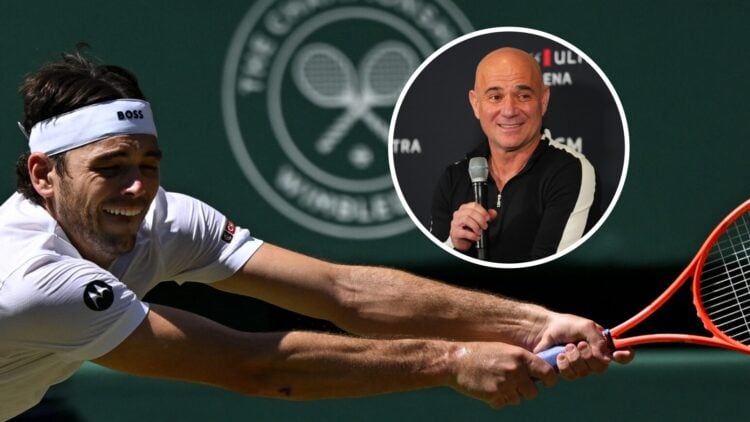 Taylor Fritz (left) stretches for a backhand and Andre Agassi (right) in a circle overlay speaks into a microphone
