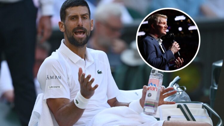 Novak Djokovic (left) rants with his shoulders raised and Jim Courier (right) in a circle overlay speaks into a microphone