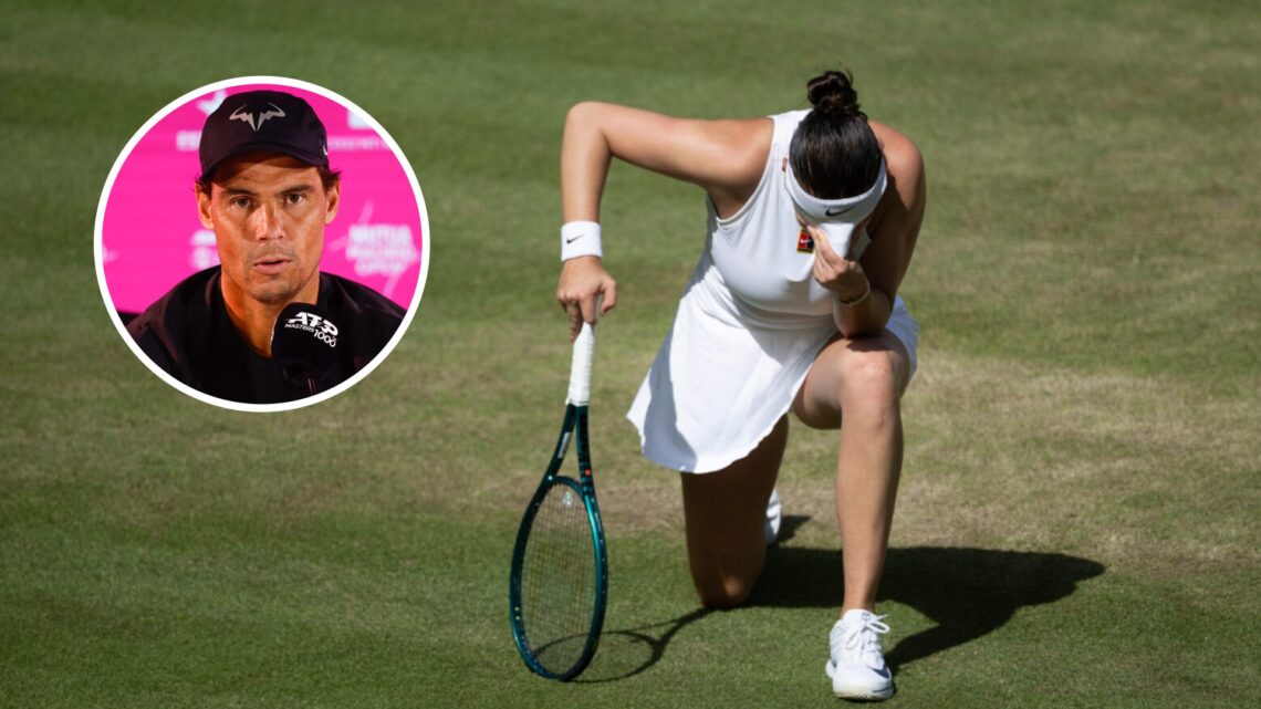 Rafael Nadal (left) in a circle overlay and Amanda Anisimova (right) kneels down