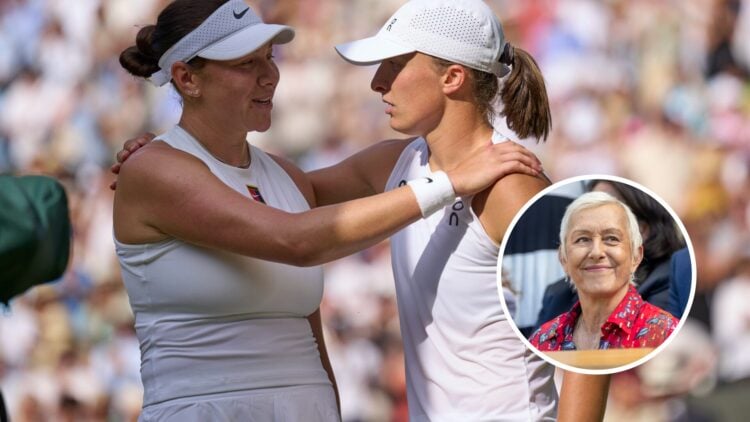 Amanda Anisimova and Iga Swiatek embrace (middle), Martina Navratilova (right) in a circle overlay smiles