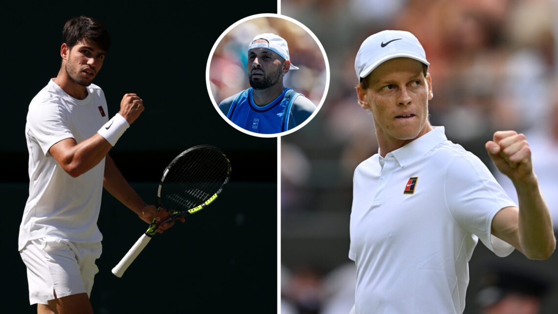 Main left: Carlos Alcaraz fist pumps in celebration. Main right: Jannik Sinner fist pumps in celebration. Inset top: Nick Kyrgios looks on.
