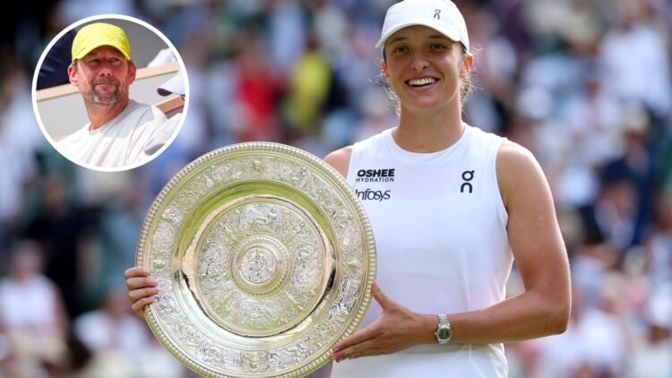 Main: Iga Swiatek poses with the Venus Rosewater dish. Inset left top: Wim Fissette looks on.