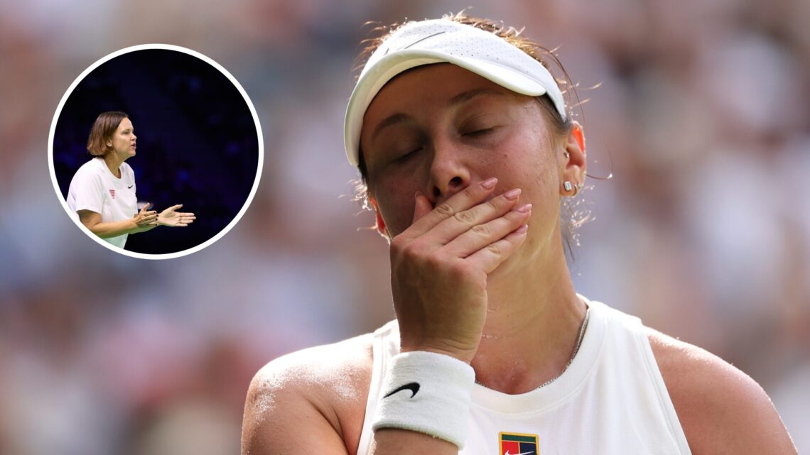 Main: Amanda Anisimova looking dejected while cupping her mouth with her hand and having her eyes closed. Inset top left: Lindsay Davenport clapping.
