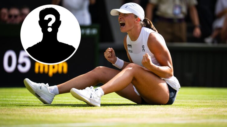Main: Iga Swiatek celebrates on the ground after winning Wimbledon. Inset top left: mystery overlay.