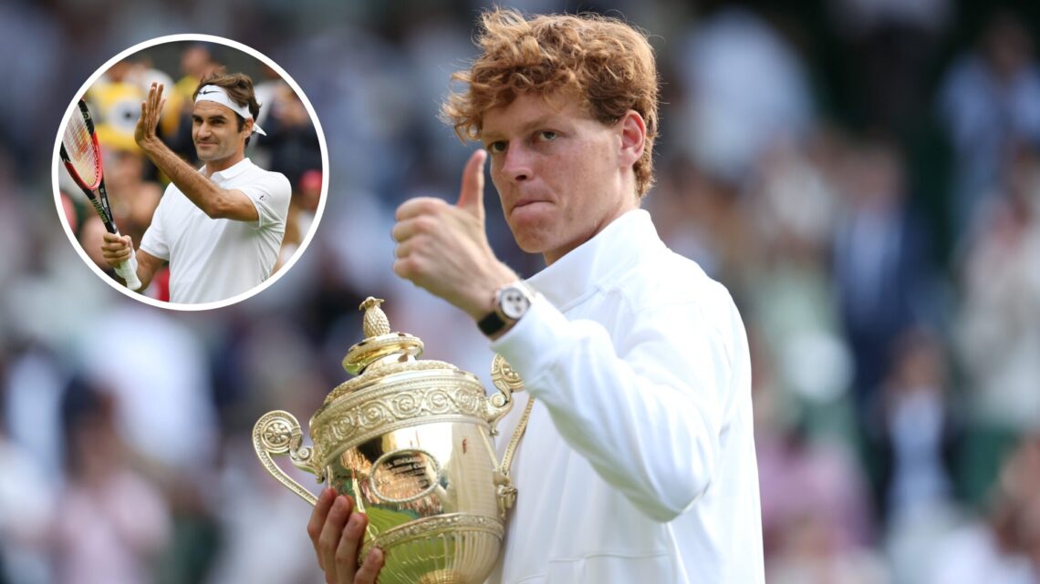 Main: Jannik Sinner holds a thumbs up while holding the Wimbledon trophy. Inset top left: Roger Federer claps his racquet.