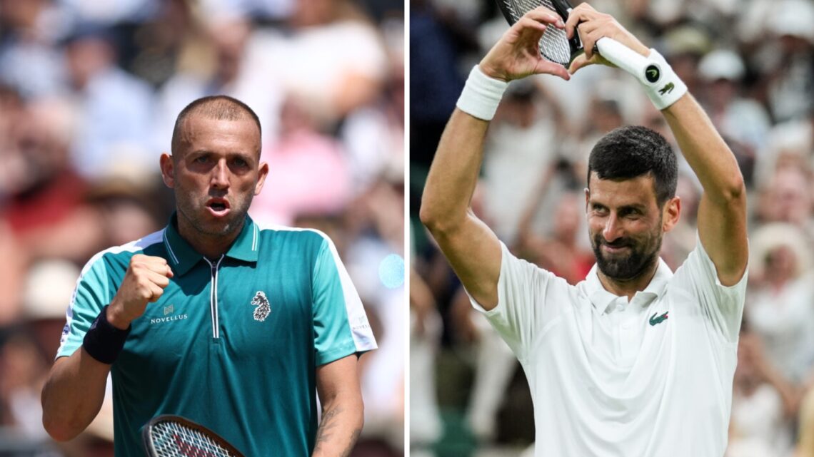 Dan Evans (left) pumps his fist and Novak Djokovic (right) puts up a heart symbol
