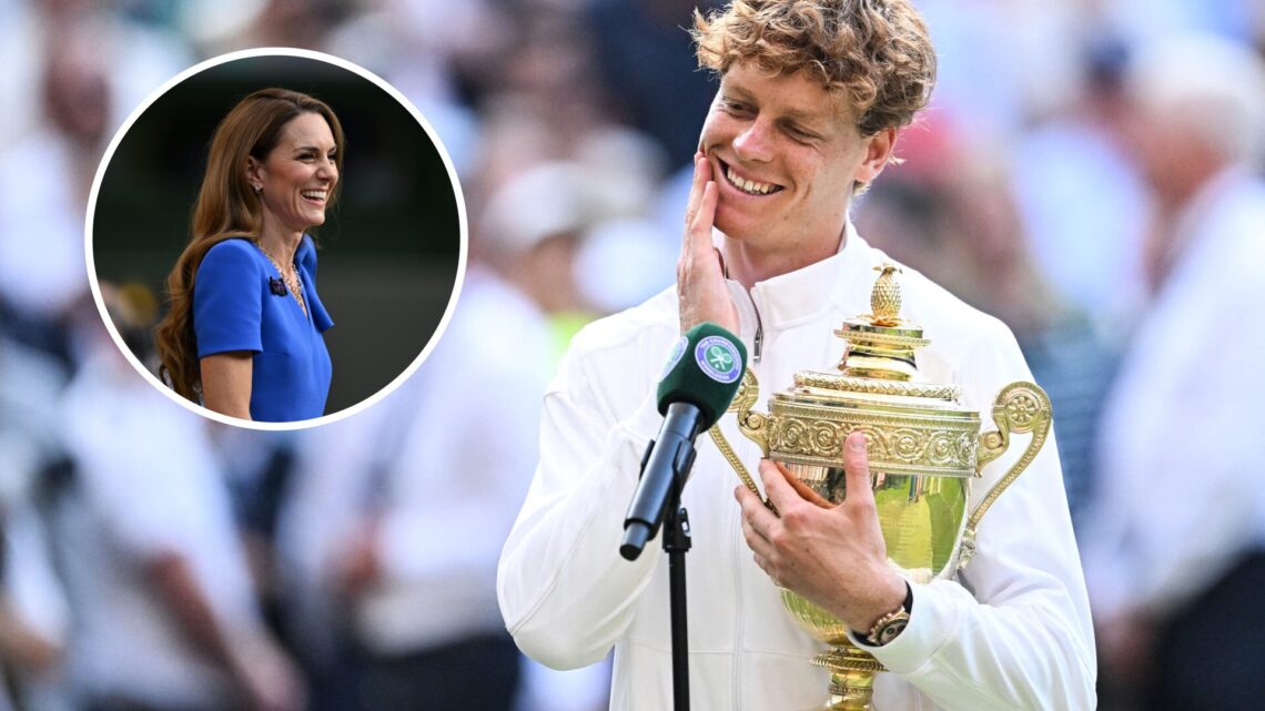Main: Jannik Sinner speaks after winning Wimbledon. Inset top left: Kate Middleton laughing.
