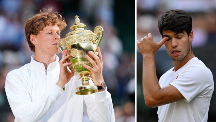 Main left: Jannik Sinner kisses the Wimbledon trophy. Main right: Carlos Alcaraz looks dismayed.