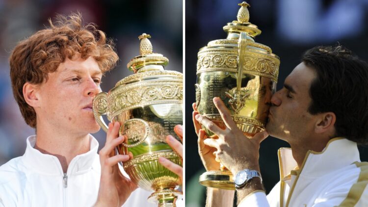 Jannik Sinner (left) and Roger Federer (right) both kiss the Wimbledon trophy