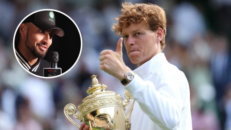 Nick Kyrgios (top left) in a circle overlay speaks into a microphone and Jannik Sinner (right) puts his thumbs up whilst holding the Wimbledon trophy